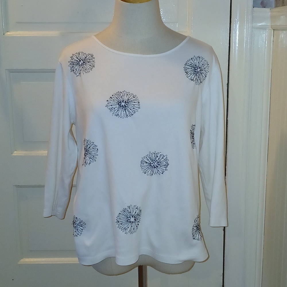 Talbots White and Black Floral Blouse